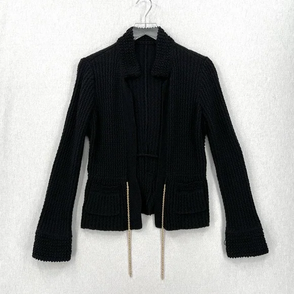 CHANEL 2010 Sweater Womens 34 Black Chain Details Open Cardigan Cotton Chunky - Picture 4 of 16